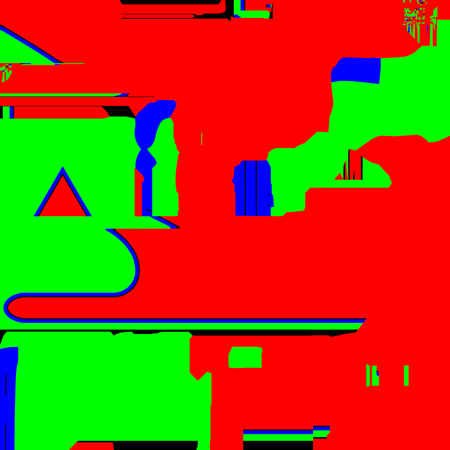 The F7A's ATSF Warbonnet control texture: red, green, and blue regions marking zones 1–3 unwrapped across the body's UVs