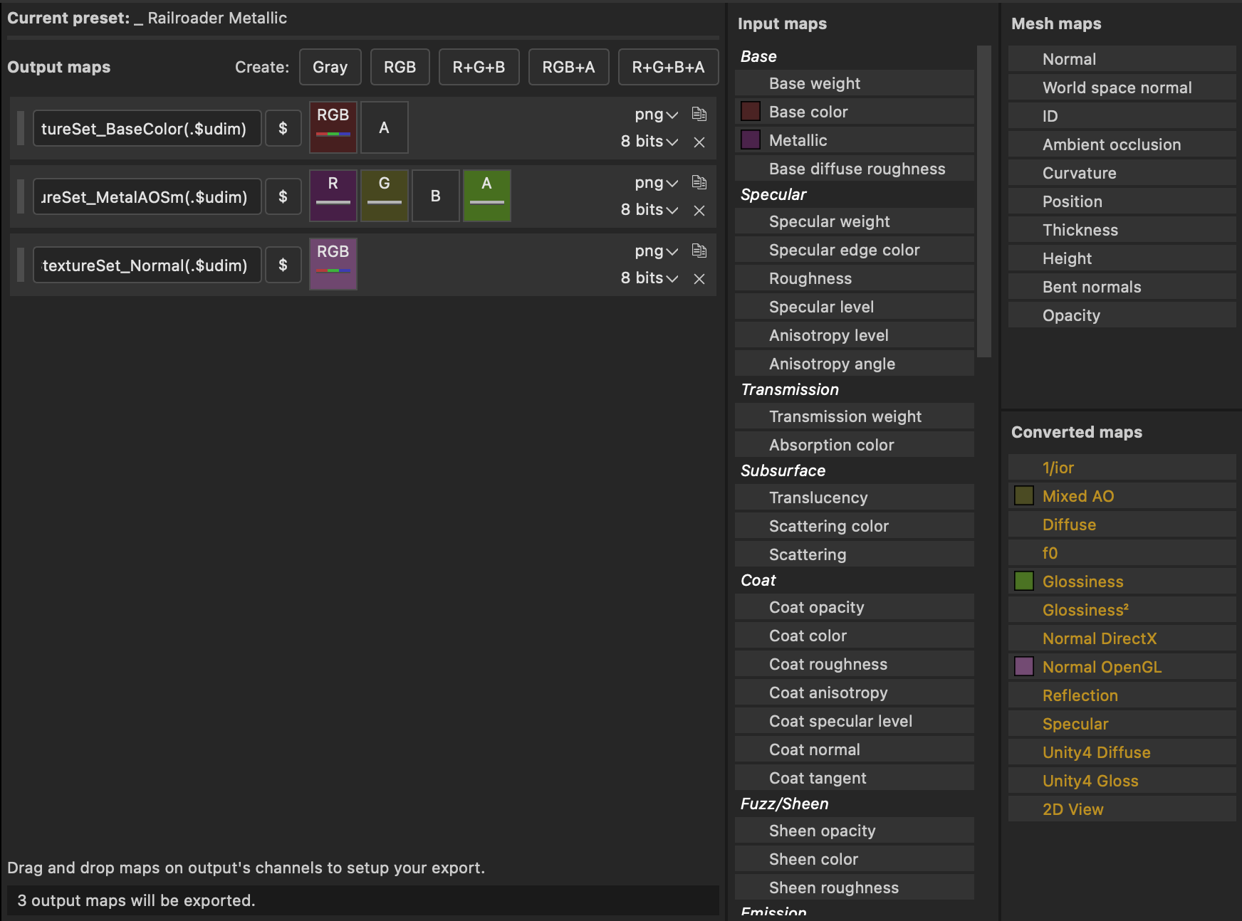 The Railroader Metallic export preset in Substance Painter's output template editor, showing three output maps with their channel assignments